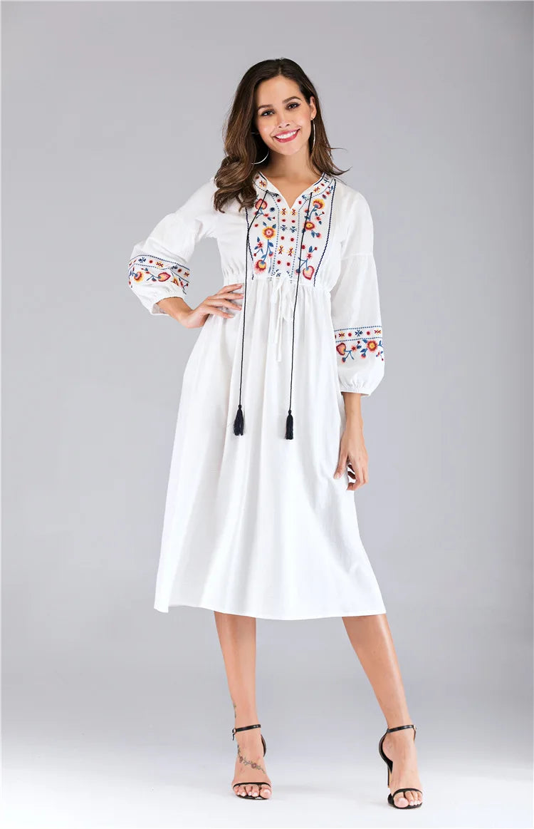 Ukrainian Embroidered Dress Vyshyvanka Lace UP Boho Ethnic Summer Ladies Women Hippie Dresses Hoilday Fashion WHITE One Size