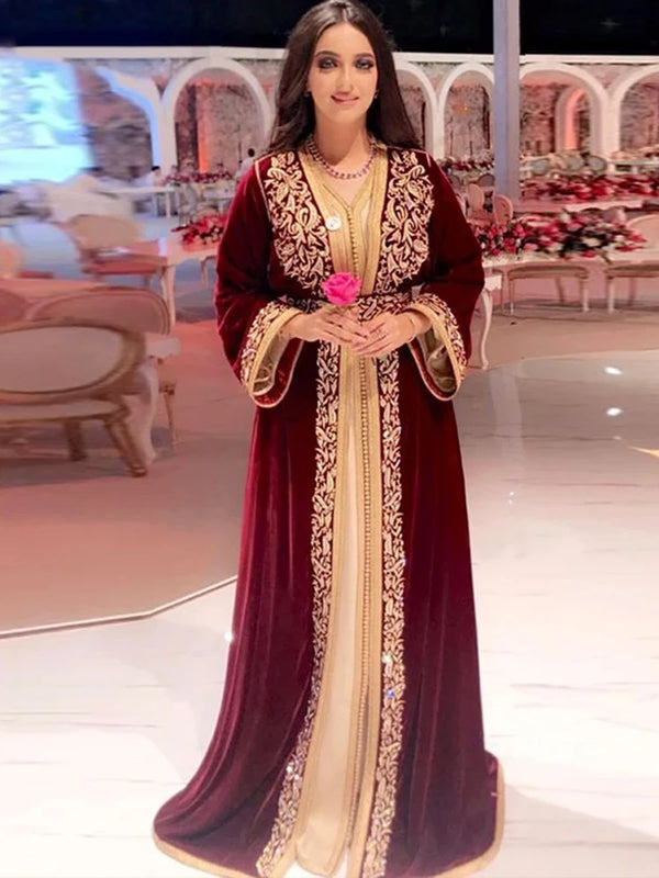 Moroccan Kaftan Evening Gowns Burgundy Full Sleeve Prom Party Dresses Appliques Lace Formal Dubai Muslim Algerian Outfit