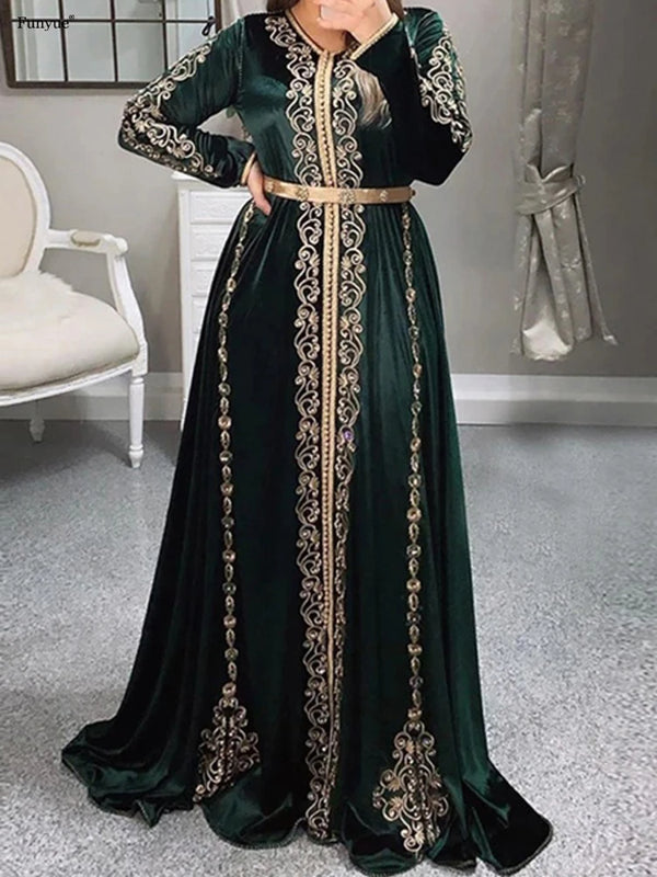 Delicate Long Sleeves Moroccan Kaftan Formal Evening Dresses New Arrival V-Neck Arabic Muslim Special Occasion Dresses Prom