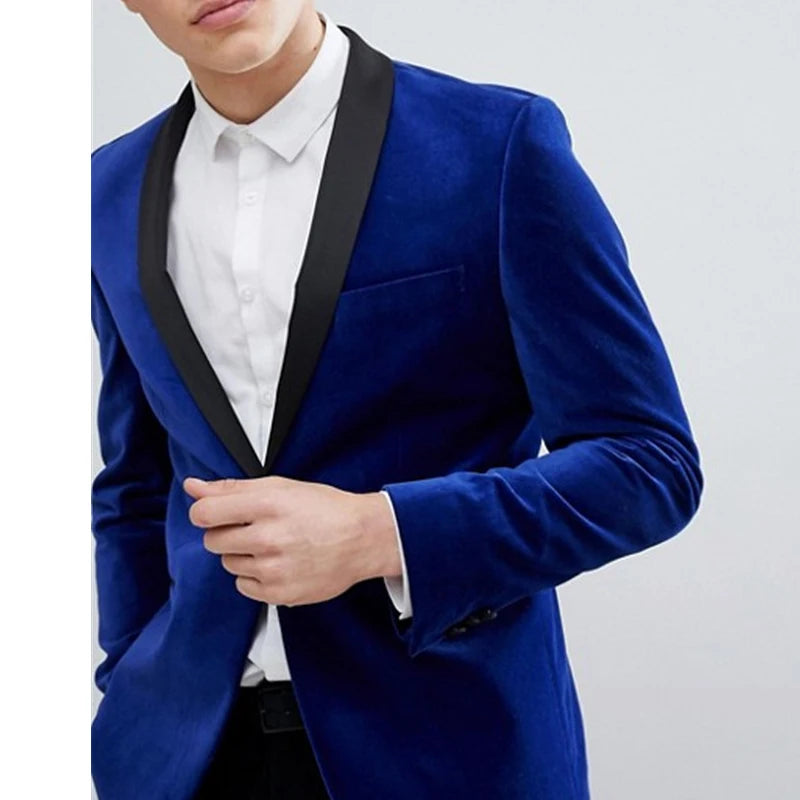 Slim Fit Royal Blue Velvet Men Suits with Black Pants 2 Pieces Groom Tuxedo Male Fashion Wedding Blazer Latest Style