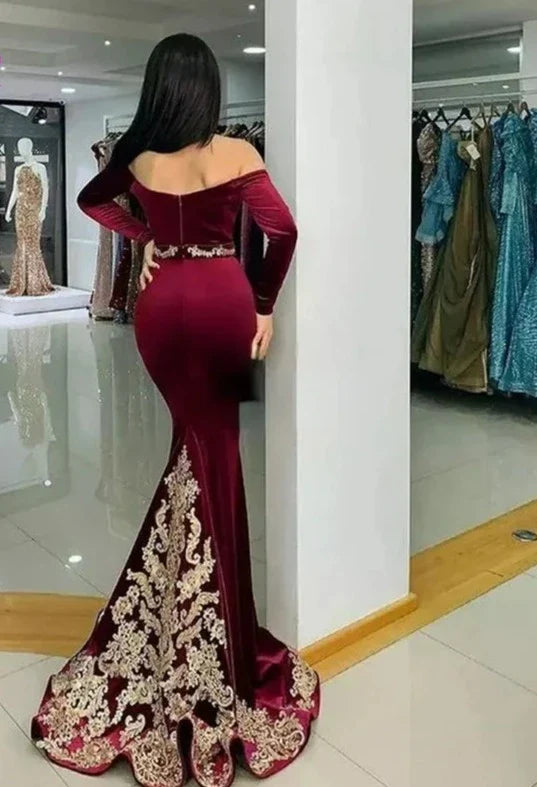 Vino tinto caftán marroquí vestido de noche sirena Formal Dubai Formal encantador apliques dorados vestidos de celebridades de talla grande