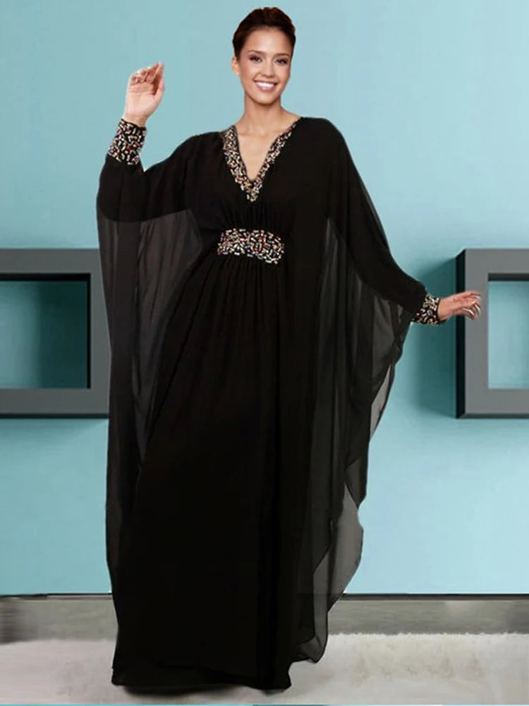 فساتين سهرة بالك الخرز قفطان دبي المغربي بأكمام طويلة برقبة على شكل V Chiffon Kaftan Robe Prom Party Gowns Plus Size