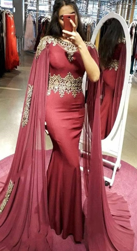 Burgundy Muslim Formal Evening Gowns Mermaid Long Plus Size Kaftan Prom Dresses with Appliques Arabic Cap Sleeve Cape