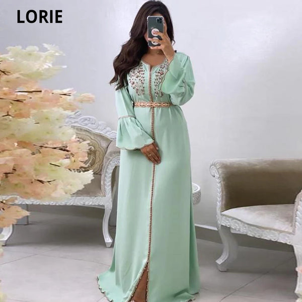 Beading Green Moroccan Kaftan Formal Evening Dresses with Long Sleeve Prom Special Occasion Gowns Mother Dress Vintage