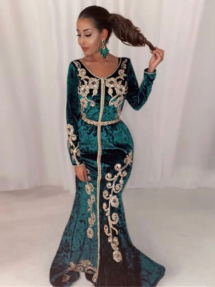 Caftán marroquí vestidos de noche verde oscuro Formal oro Apliques de encaje rebordear Dubai fiesta Kaftan vestidos por encargo