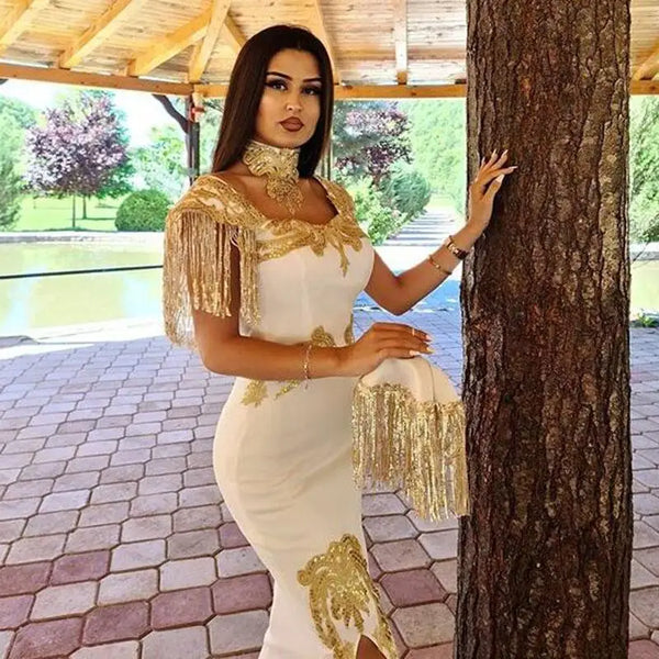 Elegant Moroccan Caftan Evening Dress Mermaid Dubai Gold Lace Appliques Formal Prom Party Celebrity Kaftan Gowns