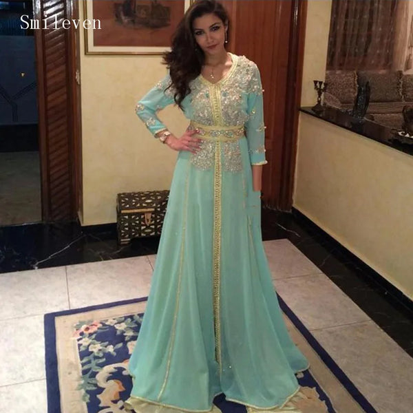 Moroccan caftan Evening Dresses Gold Lace Appliques Mint Green Arabic Muslim Special Occasion Dress Evening Party Gowns