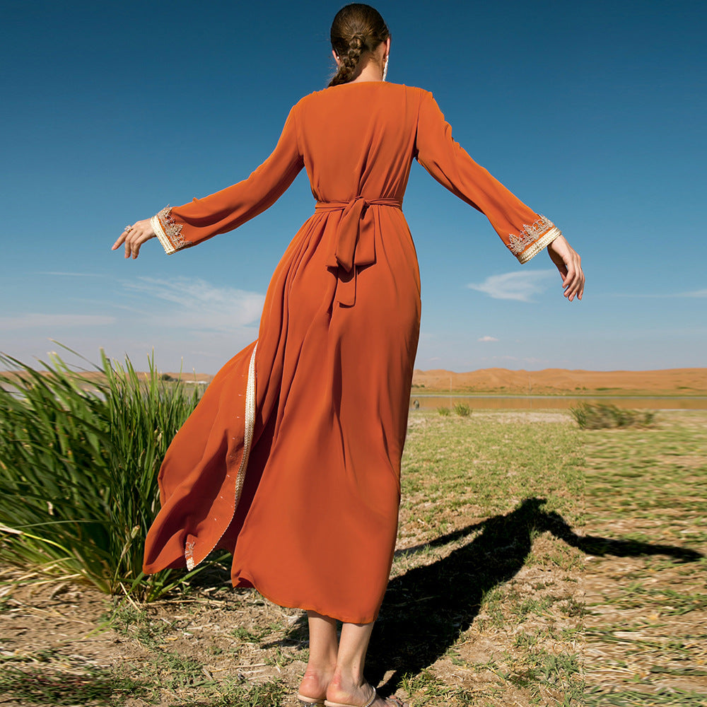 Vestidos de moda árabe cosidos a mano con diamantes, cinta de encaje con cinturón, Abaya, ropa africana, caftán elegante étnico de manga larga con cuello en V