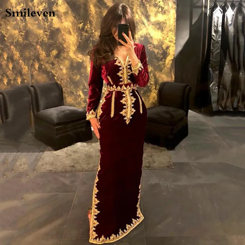 Morocco Caftan Evening Dresses V Neck Mermaid Prom Dress Velvet Long Sleeve Formal Evening Party Dress