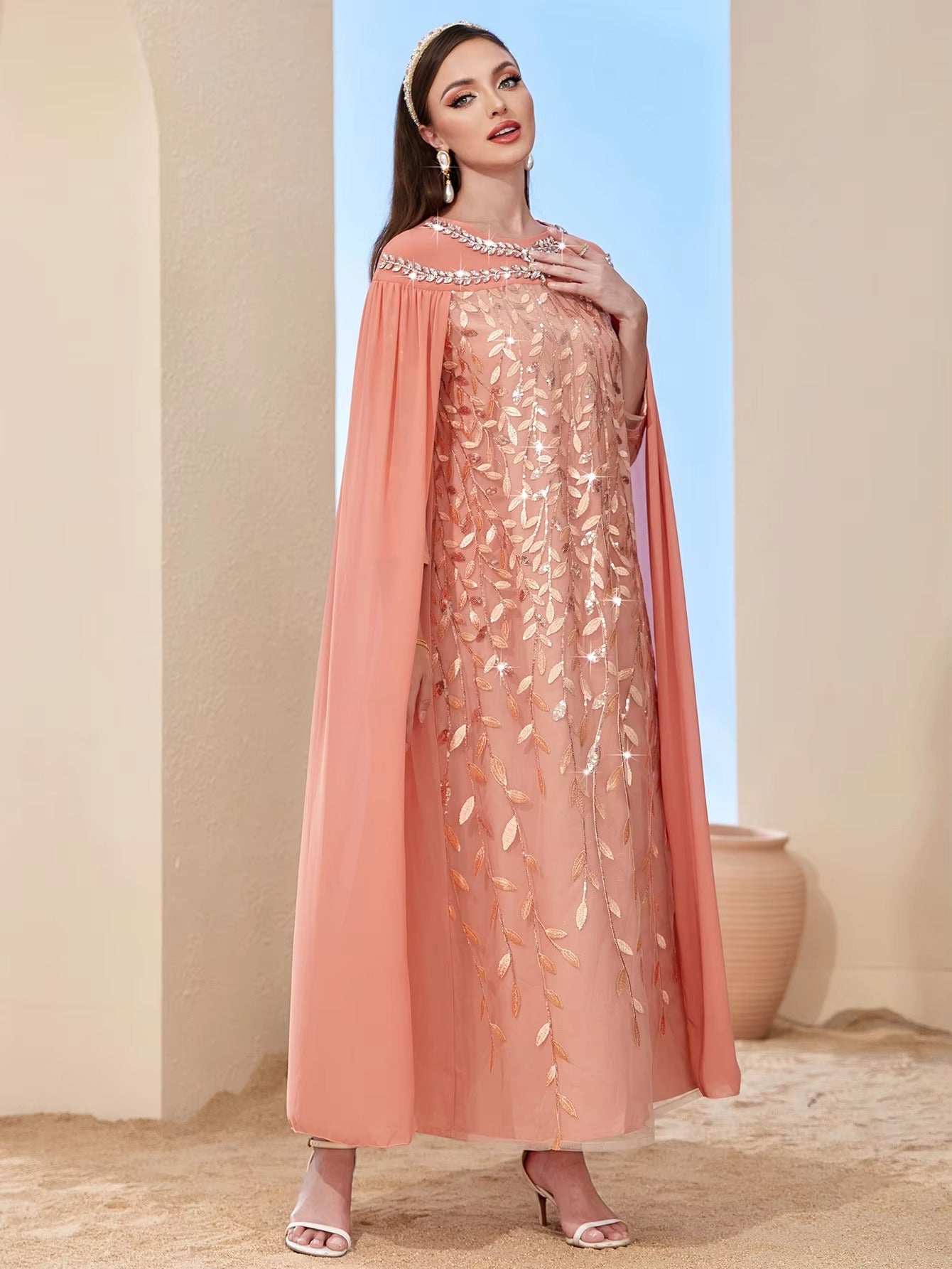 Mode Royal Caftan femmes turc Chic maille Cape strass broderie poignet manches élégante soirée longue robe