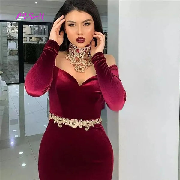 Red Wine Moroccan Kaftan Long Evening Dress Sexy Mermaid Dubai Formal Gowns Charming Gold Appliques Celebrity Dresses Plus Size
