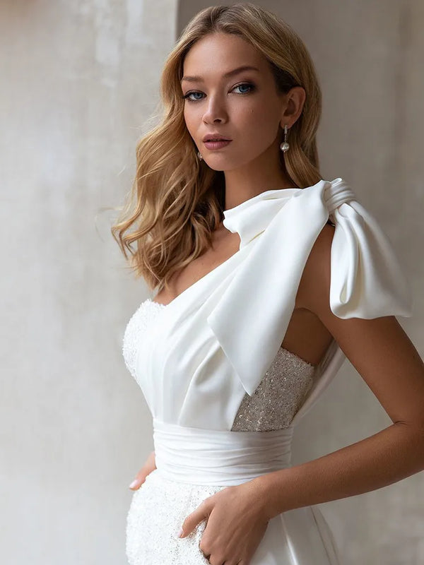 Elegant Short Jumpsuit Wedding Dress Stain Long Sweep Train Sexy One Bow Shoulder Waisted Backless Bridal Gown Vestido De Noiva