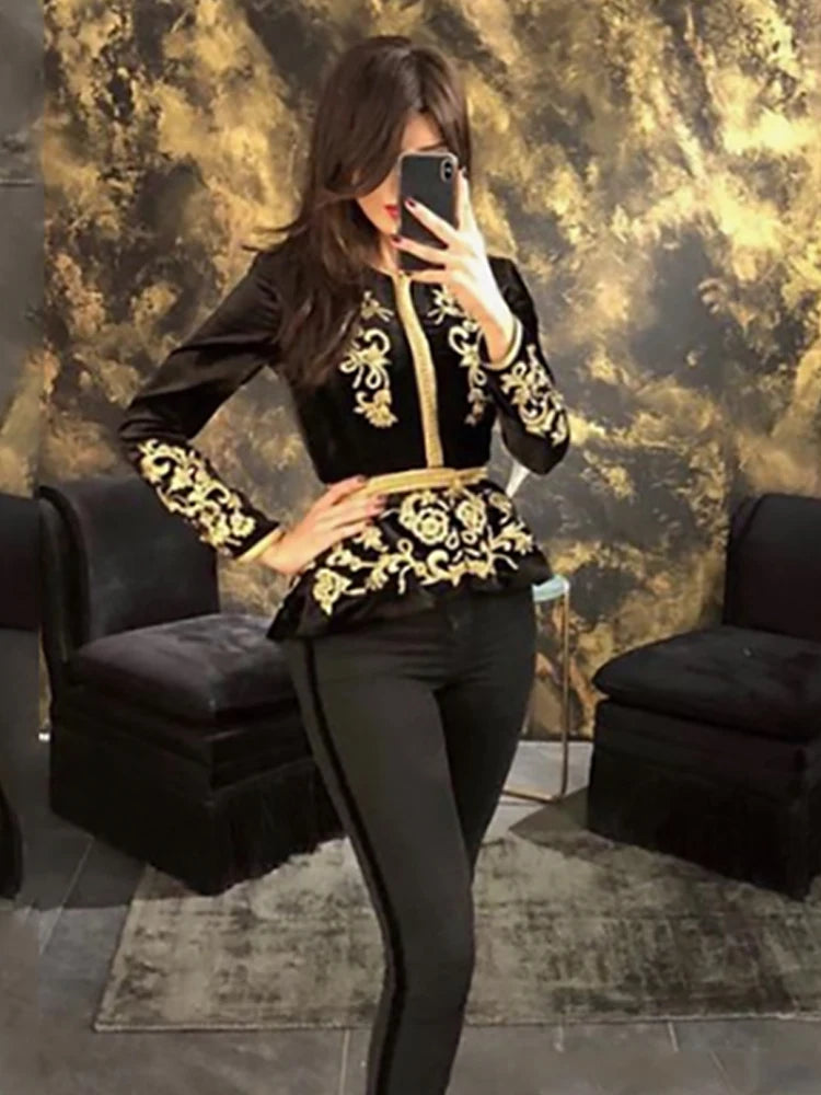 Dunkelgrüner Karakou Algerischer Caftan Mermaid Abendkleider Nur Jacke abnehmbarer Gürtel Abschlussballkleid Gold Spitzenfeier Partykleider