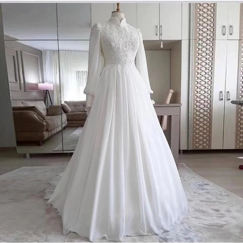 فساتين زفاف مسلمة بأكمام طويلة بيضاء للعروس الحقيقية من دانتيل شيفون A-Line Vestidos De Novia Maldives Bridal Gowns