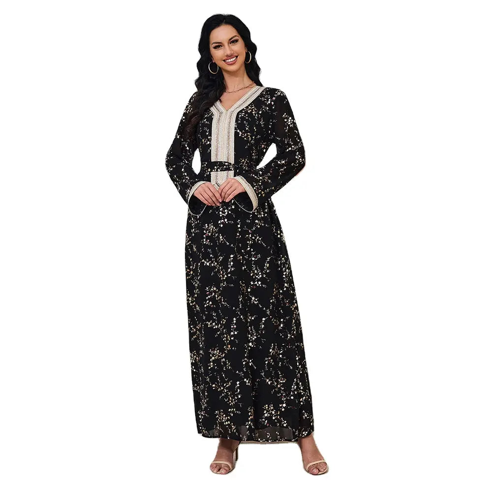 Dubai Black Fashion Gold Stamping Vestido elegante com faixas Diamantes chiques de manga comprida Jalabiyat roupas turcas