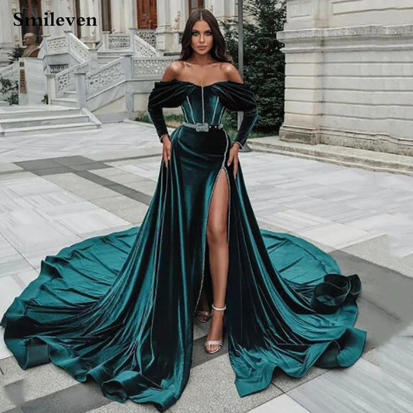 Green Velvet Long Sleeve Mermaid Morocco Caftan Evening Dress Side Split Outfit Prom Dresses With Detachable Train