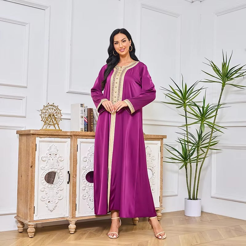 Abaya – robe longue turque Chic, couleur unie, garniture avec bande de diamants, manches longues, col rond, ceintures, vêtements musulmans décontractés et élégants pour femmes