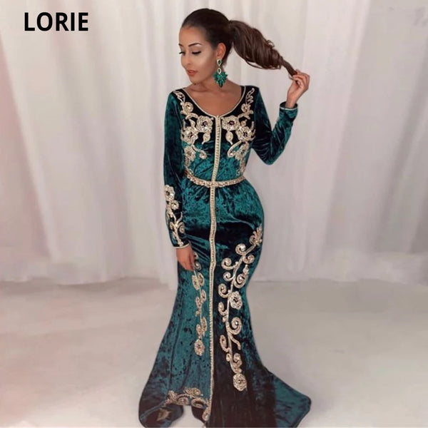 Moroccan Caftan Evening Dresses Dark Green Formal Formal Gold Lace Appliques Beading Dubai Party Kaftan Gowns Custom Made