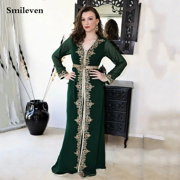 Dark Green Moroccan caftan Evening Dresse Long Sleevees Party Gowns Appliqued Lace Muslim Special Occasion Dress