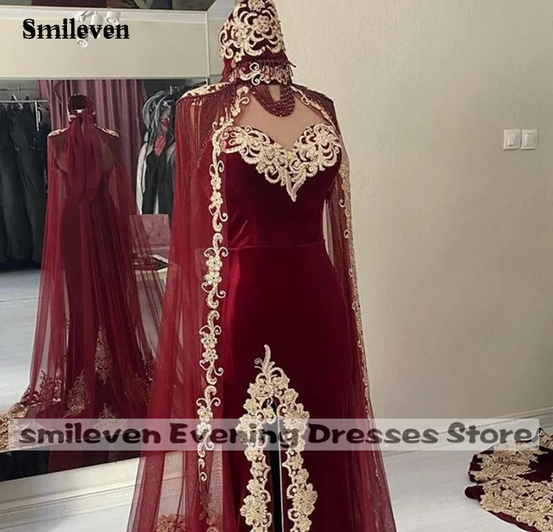 Burgundy Karakou Algerian Caftan Mermaid Evening Dresses With Lace Shawal Prom Dress Party Gowns