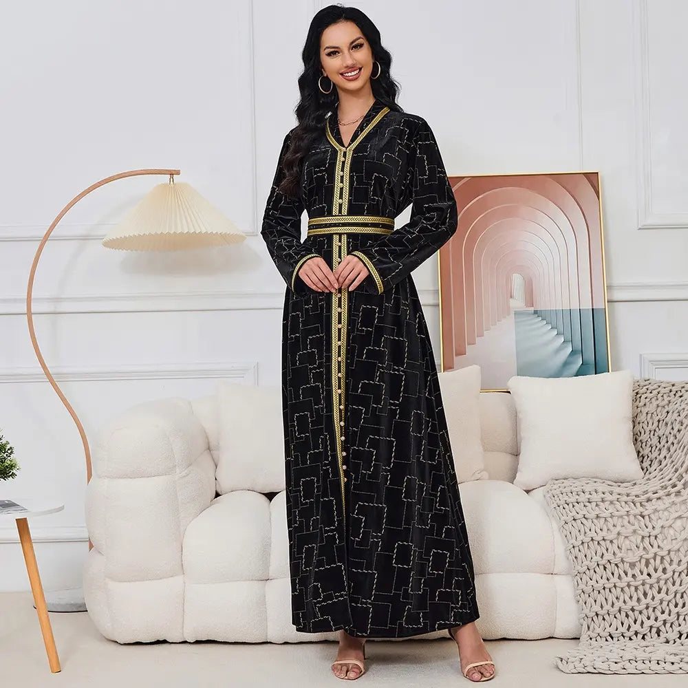 Herbst Winter Velvet Schwarzes langes Kleid Gold Stempel Langarm gegen Kragen abaya Jalabiyat Marokkaner Dubai Kaftan