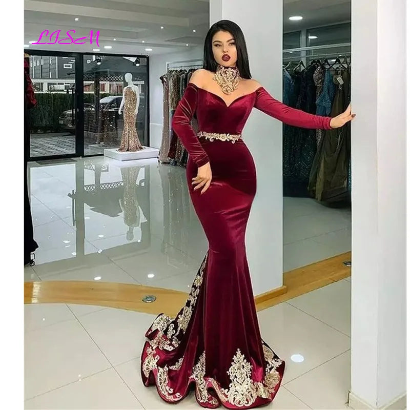 Red Wine Moroccan Kaftan Long Evening Dress Sexy Mermaid Dubai Formal Gowns Charming Gold Appliques Celebrity Dresses Plus Size