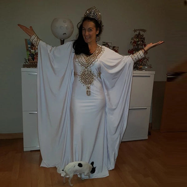 White Muslim Prom Dress Dubai Evening Party Gowns Moroccan Kaftan Arabic Evening Dress V-Neck Beaded Chiffon Long Sleeve