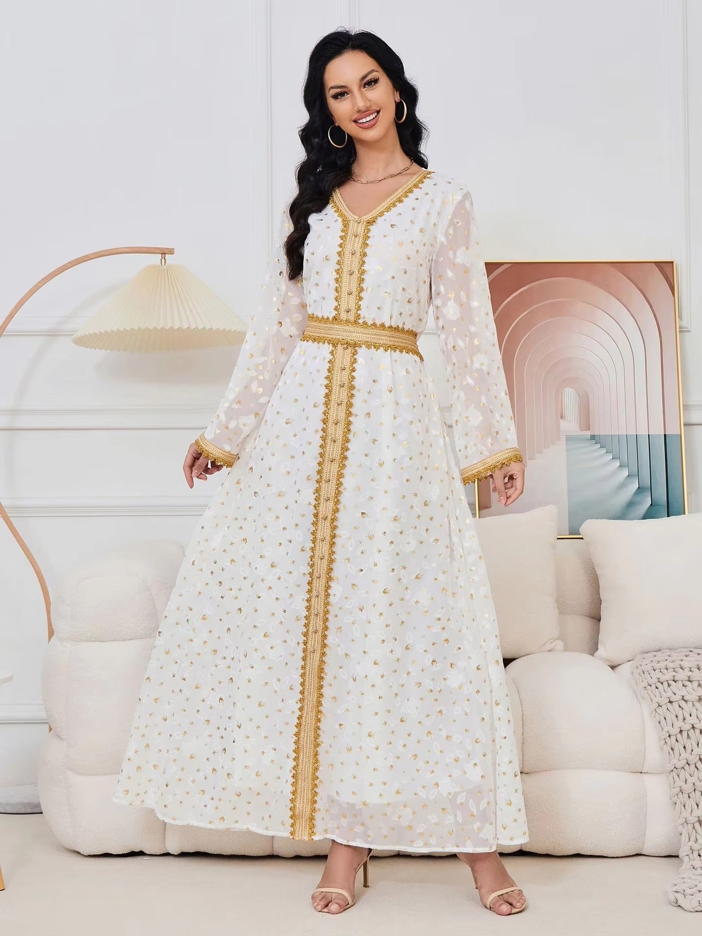 Gold Stamping Evening Party White Mesh Floral Long Rleeve Sukienka z szarfią Marokańską Islamską Dubaj Kaftan Kaftan