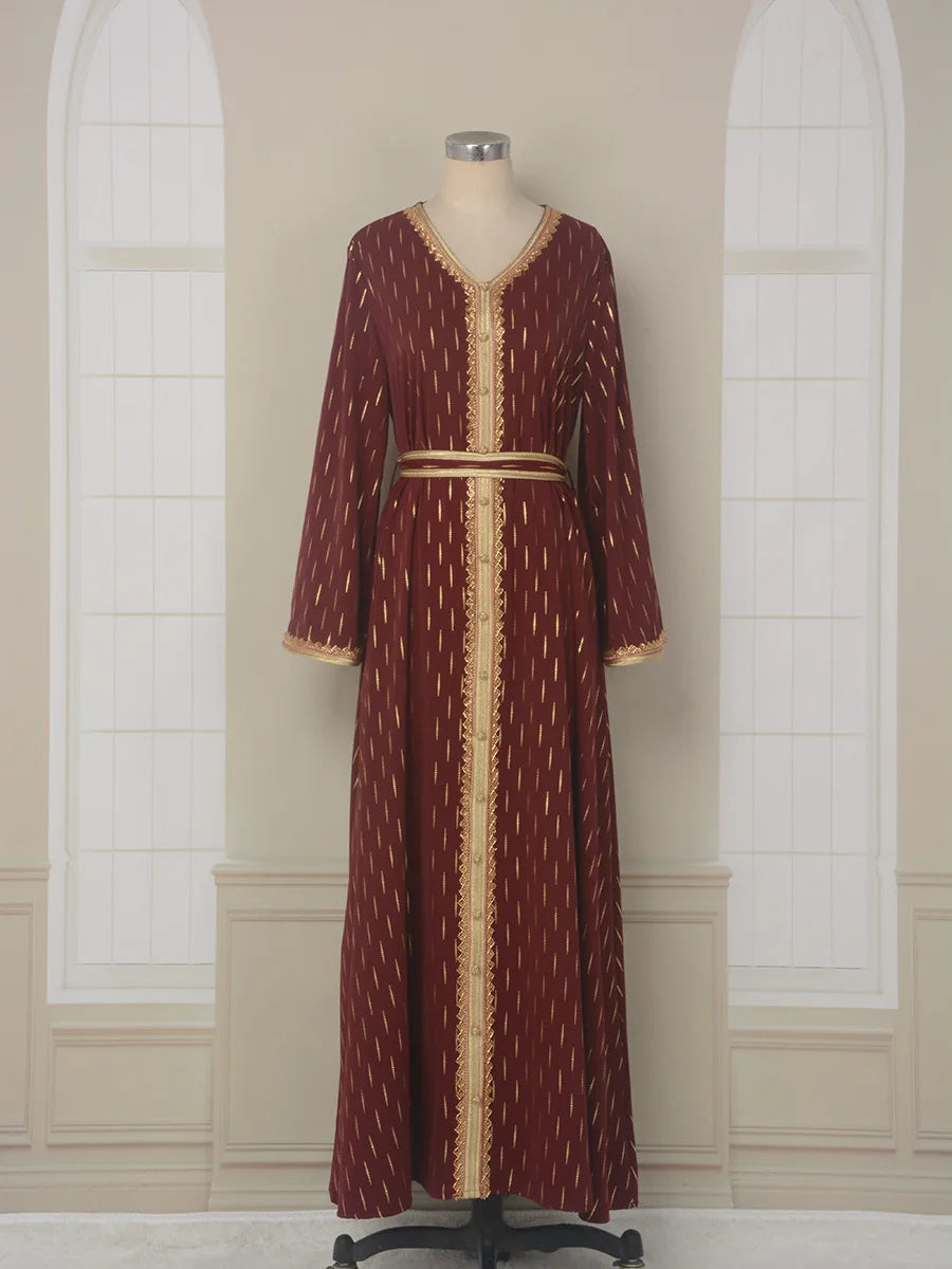 Abaya – robe longue africaine pour femmes musulmanes, mode Chic, garniture à bande, manches longues, col en v, ceinture, vêtements élégants et décontractés