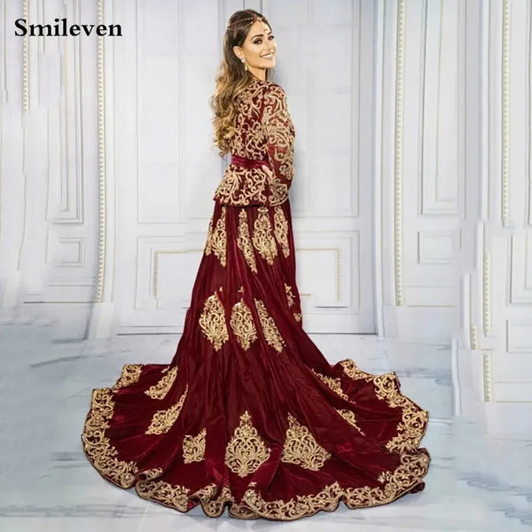 Algerian Caftan Burgundy Formal Evening Dresses Velvet Special occasion Dresses Lace Appliques Outfit Prom Party Gowns