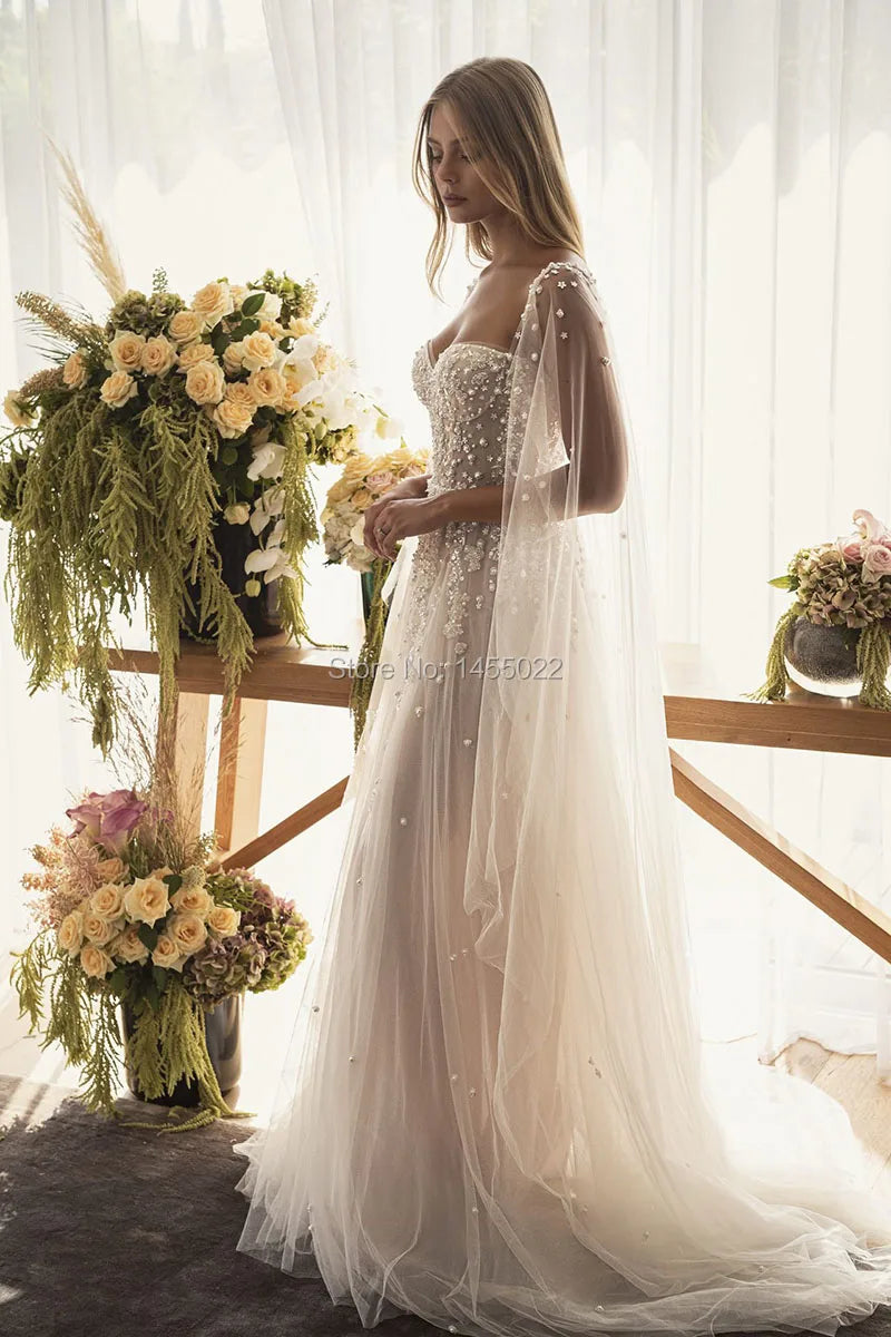 Eightale Bohemian Wedding Dress Off the Shoulder Beaded with Pearls Appliques Wedding Gown Boho Bridal Dress vestido de noiva
