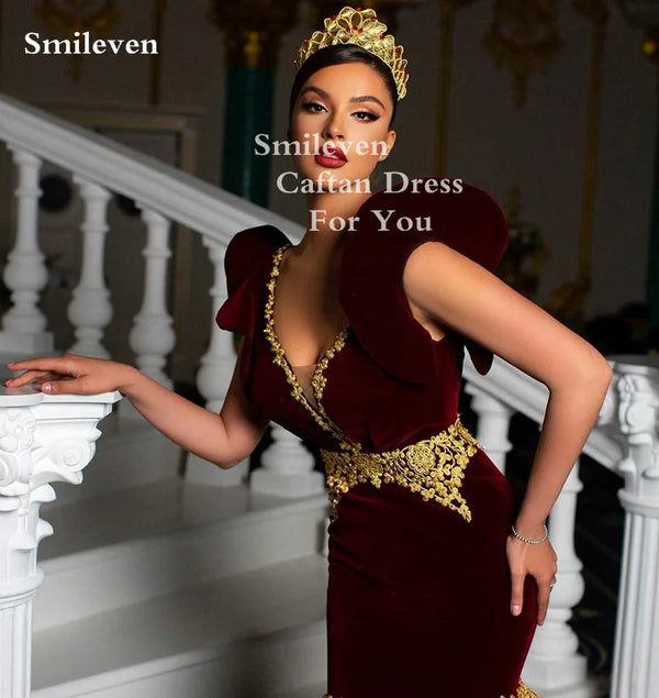 Sexy V Neck Burgundy Mermaid Morocco Caftan Evening Party Dress Gold Lace Velvet Prom Gowns Traditional Women Dresses