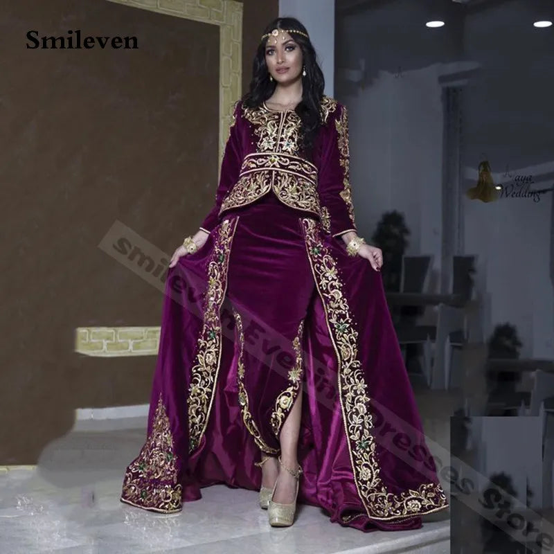 Mermaid karakou Algerian Caftan Evening Dress Velvet Long Sleeve Outfit Applique Lace Chalka Muslim Formal Party Gowns