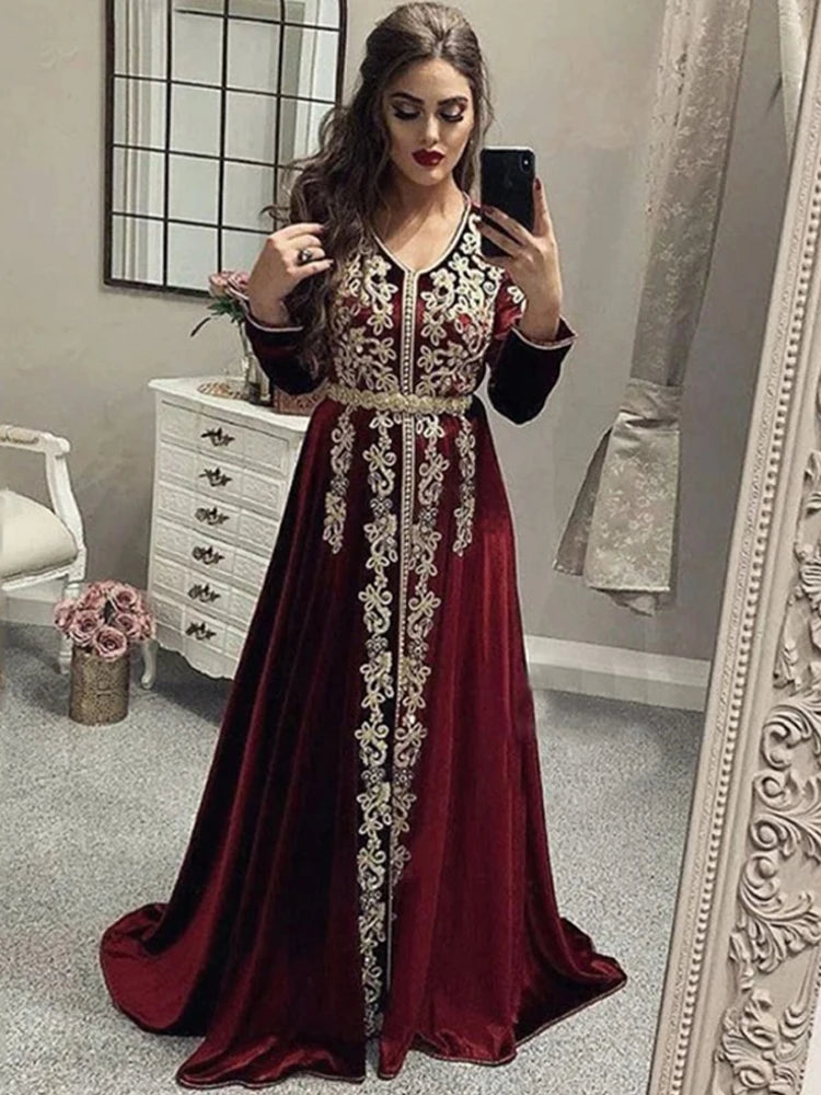 Robe de soirée en dentelle bordeaux, caftan marocain, col en V, cristal algérien, arabe musulman, robes d'occasion spéciale