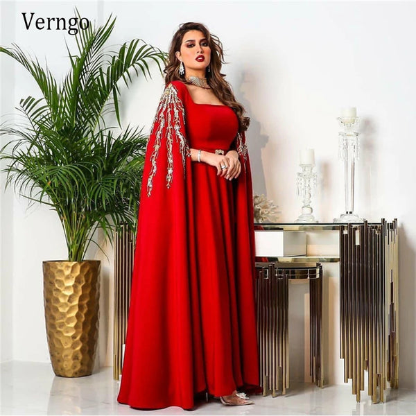 Red Satin A Line Caftan Evening Dresses Long Cape Beads Applique Embroidery Dubai Arabic Women Formal Prom Gowns