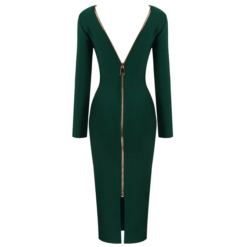 5 Colors Winter Style 2021 Sexy Long Sleeve Backless Zipper Midi Red Bodycon Bandage Dress Fashion Evening Party Dress Vestido