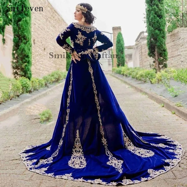 Royal Blue Algerian Caftan Evening Dress Morocco Velvet Special Occasion Dresses Appliqued Lace Outfit Prom Party Gowns