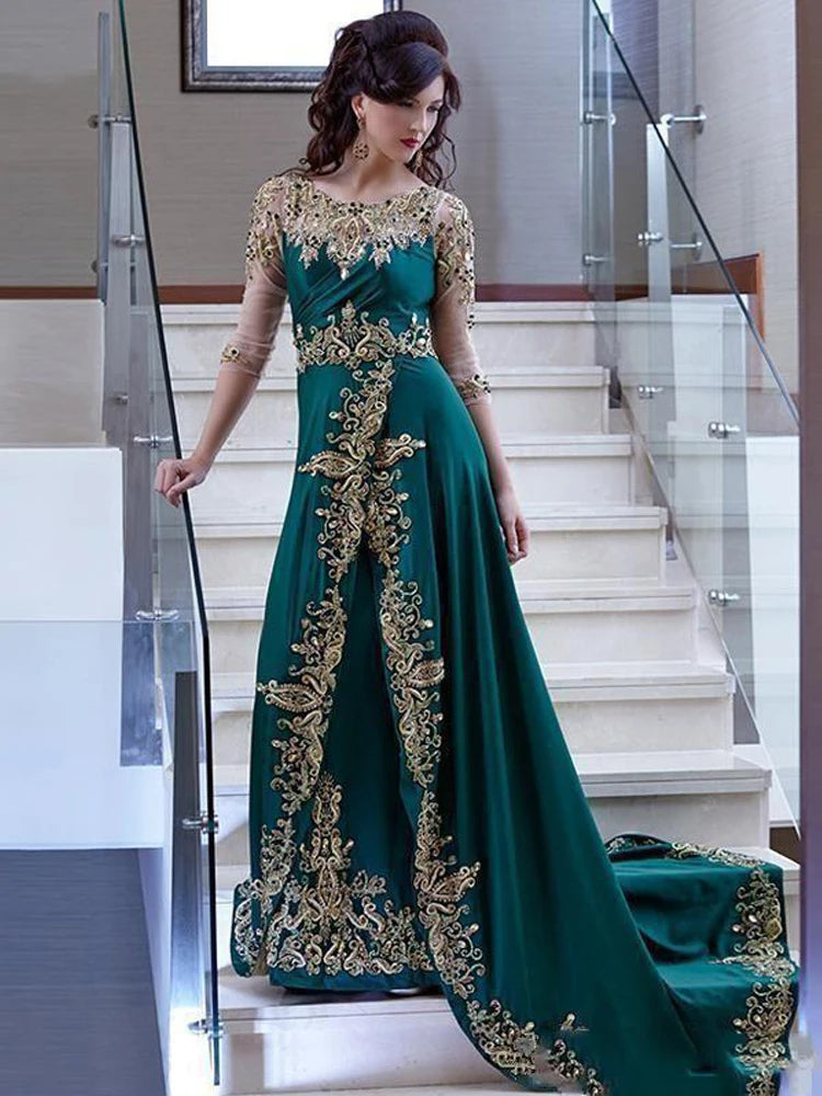 Hunter Green Marokcan Kaftan Dubai Abendkleider Gold Spitze Applique Saudi -Arabische muslimische Partykleider Abendkleider Abendkleider