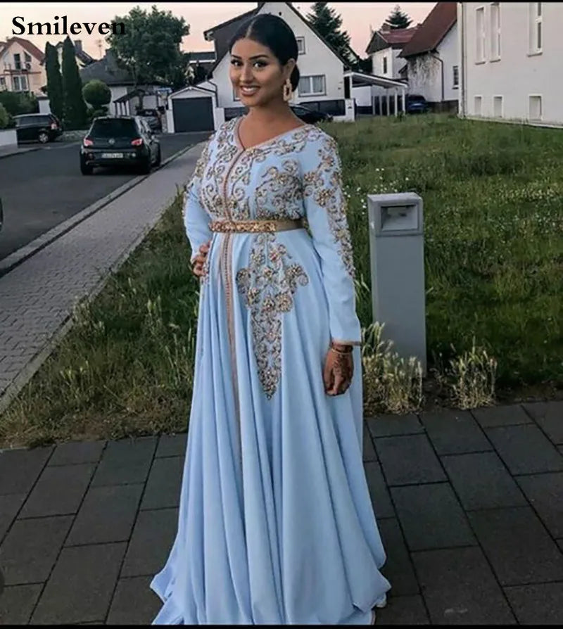 Blue Moroccan caftan Evening Dresses V Neck Crystal Algeria Arabic Muslim Special Occasion Dresses Party Gowns