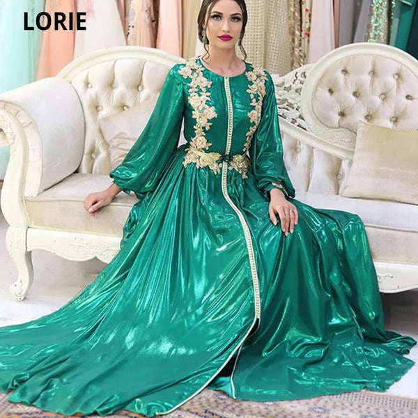 Emerald Green Moroccan Kaftan Evening Dresses for Women Formal Gold Lace Dubai Princess Prom Celebrity Party Gowns