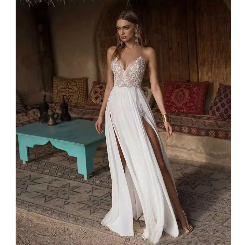 Lace Appliqué Sweep Train Wedding Dress For Women Sexy A-Line Split Spaghetti Backless V-Neck Bridal Gown Robe De Mariée