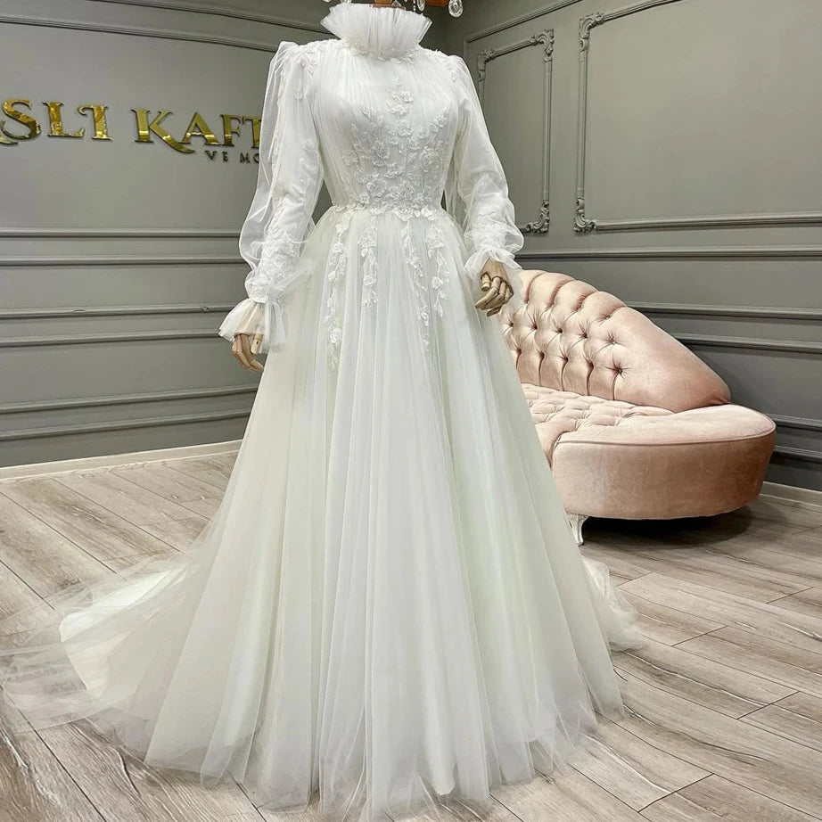 Abito da sposa a maniche lunghe musulmane Appliques a collo alto Tulle in pizzo A-line Dubai Bridal Dress Abet De Mariée Princesse