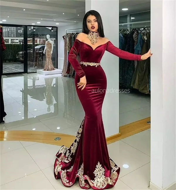 Red Wine Moroccan Kaftan Evening Dress Mermaid Formal Dubai Formal Charming Gold Appliques Celebrity Dresses Plus Size