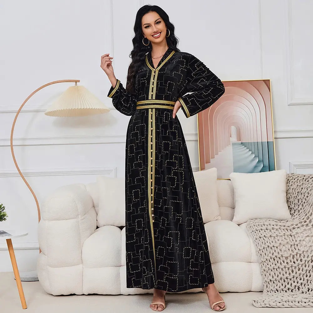 Autumn Winter Velvet Black Long Dress Gold Stamping Long Sleeve V Collar Belted Abaya Jalabiyat Moroccan Dubai Kaftan