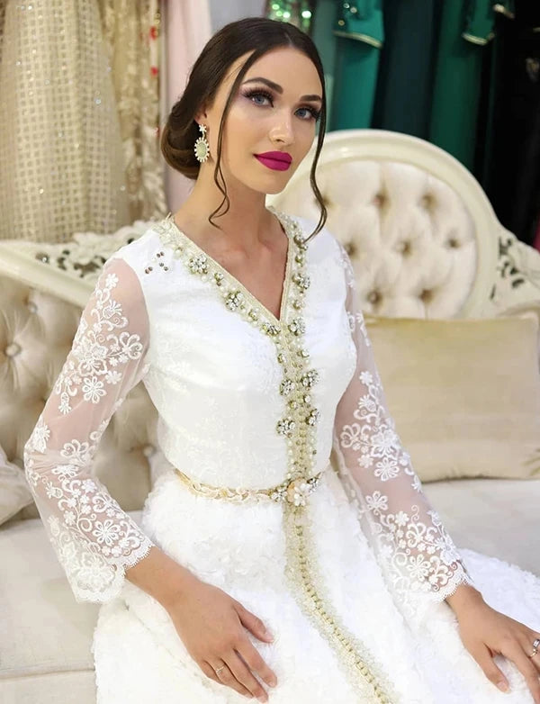 White Moroccan Kaftan Wedding Evening Dresses with Lace Beading V-neck Long Sleeve Special Occasion Gowns Custom Made