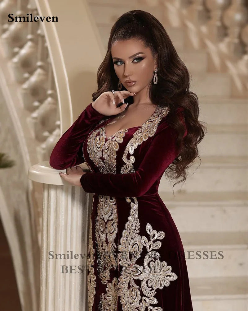 Burgundy Morocco Caftan Evening Dresses Full Sleeve Lace Mermaid Prom Gowns Classic Formal Evening Party Dress