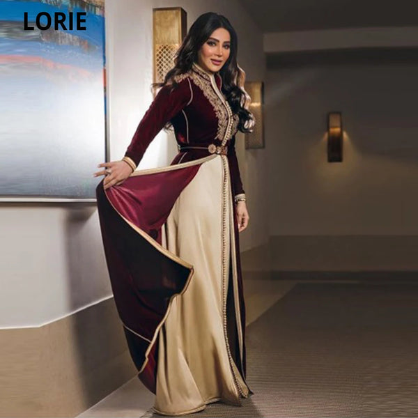 Charming Dubai Moroccan Kaftan Evening Gowns Burgundy Long Sleeves Gold Lace Appliques Prom Dresses Arabia Dress for Party