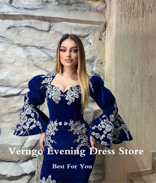 Dubai Kaftan Velvet Royal Blue Evening Dresses Mermaid Long Sleeves Applique Side Slit Arabic Women Formal Prom Dress