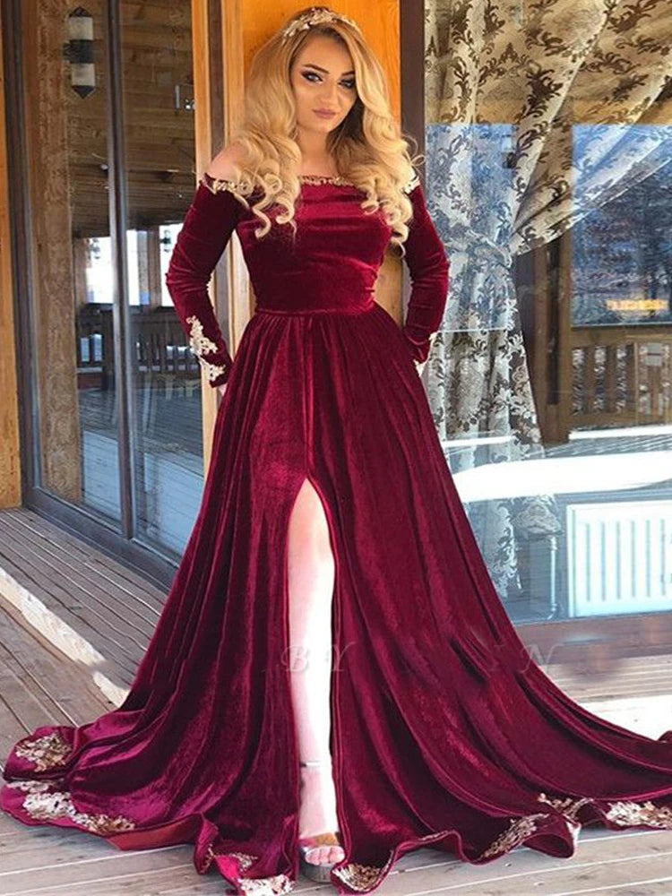 Burgundy Evening Dresses with Full Sleeve Kaftan Velvet Gold Lace Dubai Arabic Off Shoulder Celebrity Gowns High Split