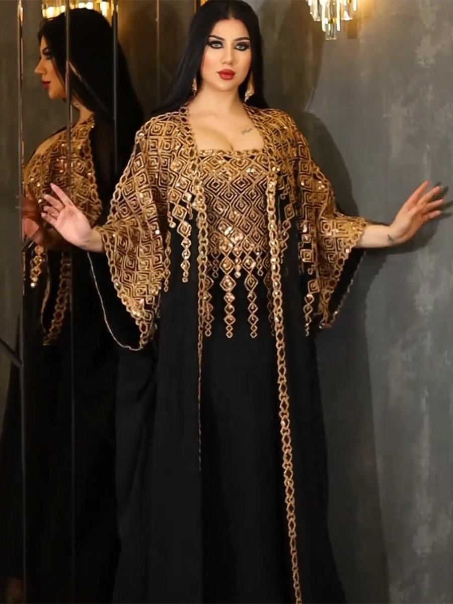 Muslim Eid Al-Adha Fashion Two Piece Shiny Embroidery Women Abayas And Vest Long Dress Overgarments Arabic Clothing